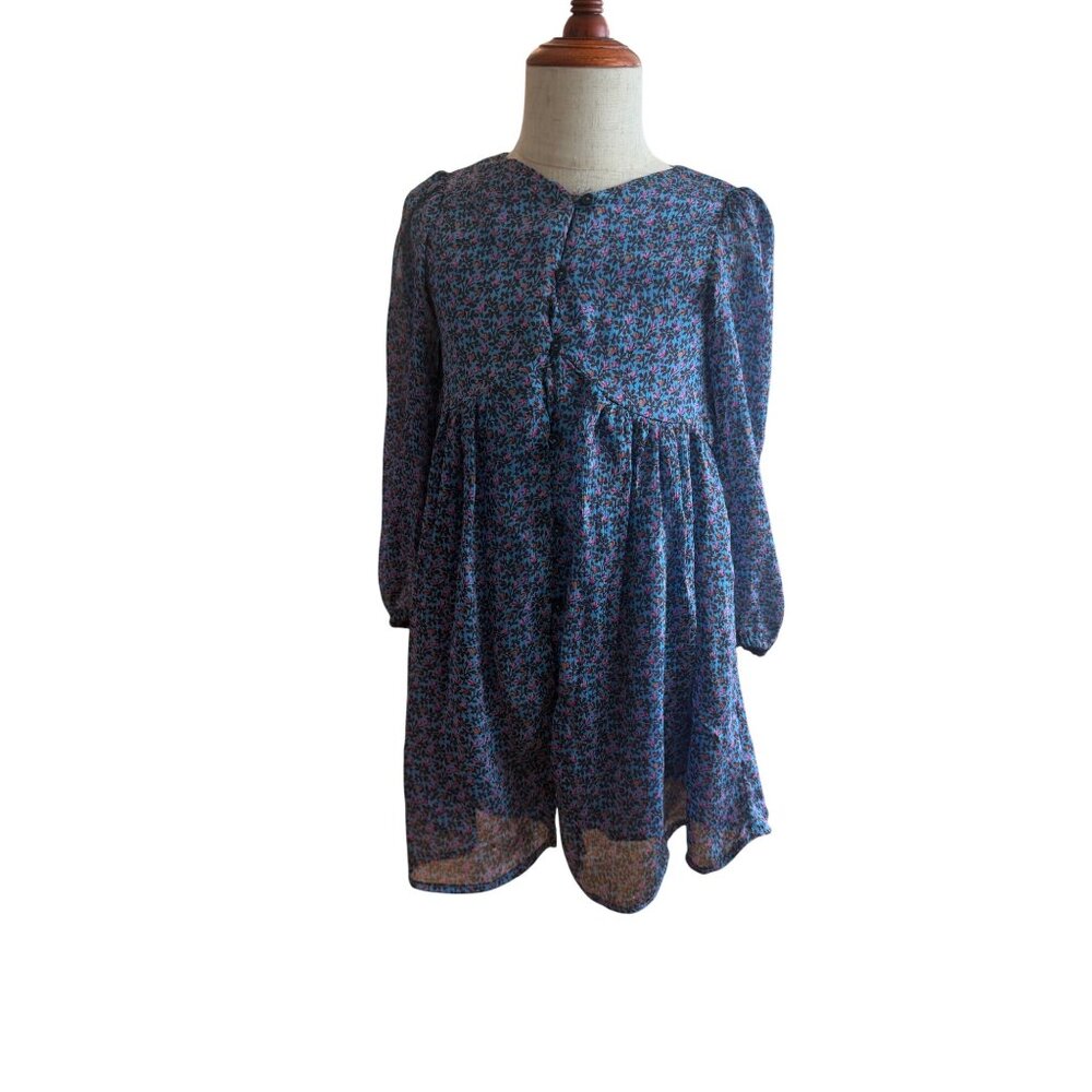 Zara Girls Blue Pink Floral Button Front Babydoll Dress Size 6 116cm Long Sleeve
